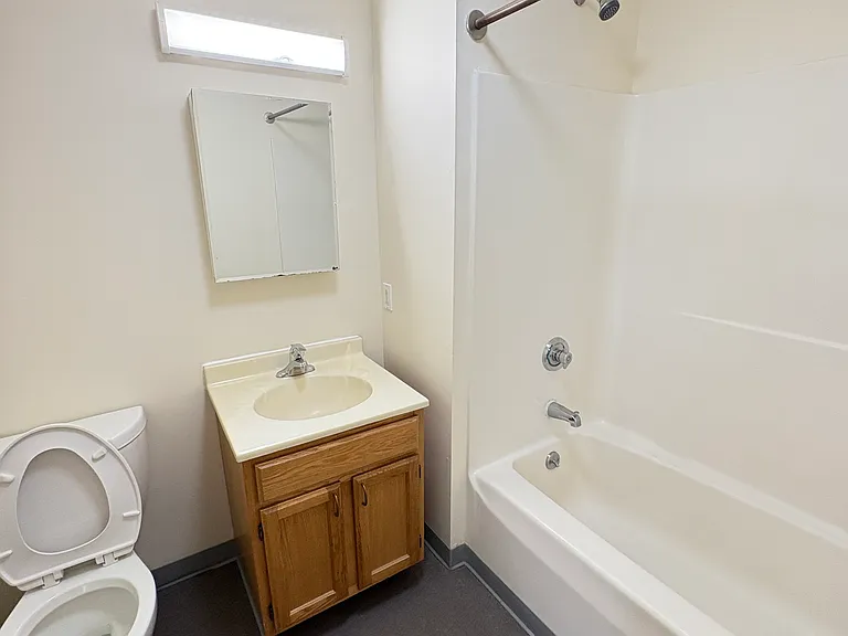 bathroom with linen storage area behind door