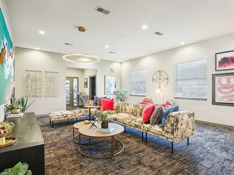 Experience a welcoming lobby with modern design and comfortable seating at The Preserve Murfreesboro.
