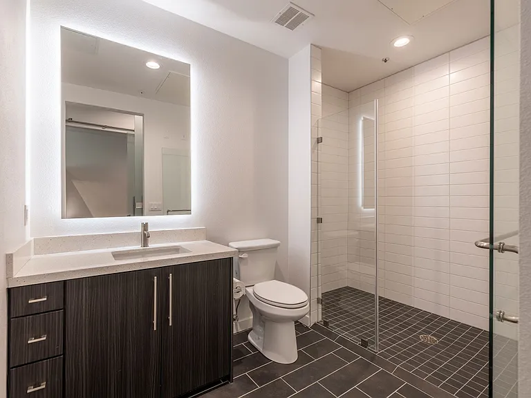 Elegant bathroom with walk-in shower in a Live and Work apartment at 1400 FIG Apartments in Los Angeles, California.