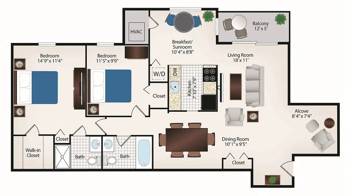 Floor plan 2 Bed 2 Bath with Alcove