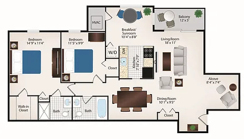 Floor plan 2 Bed 2 Bath with Alcove