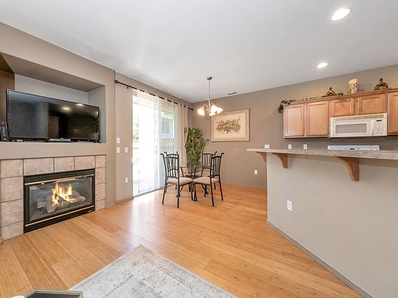 Fireplace and eating area.
