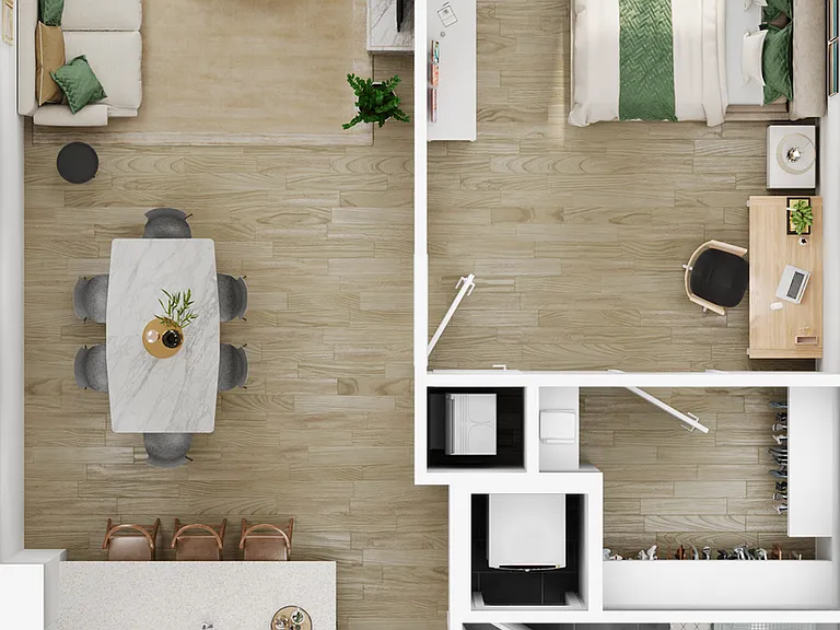 Explore this chic urban living space designed for style and efficiency. Explore this chic urban living space designed for style and efficiency.