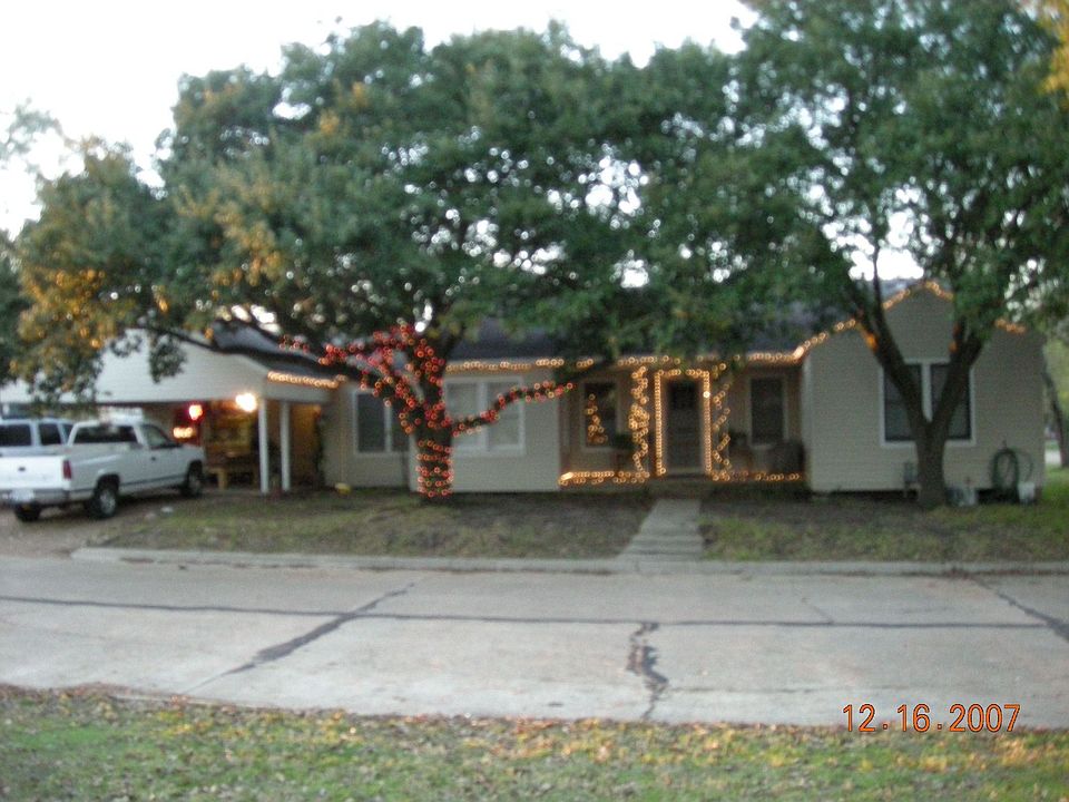 front of house, 3 large oak trees