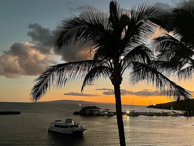 Beautiful sunset over the harbor from lanai & primary bedroom.