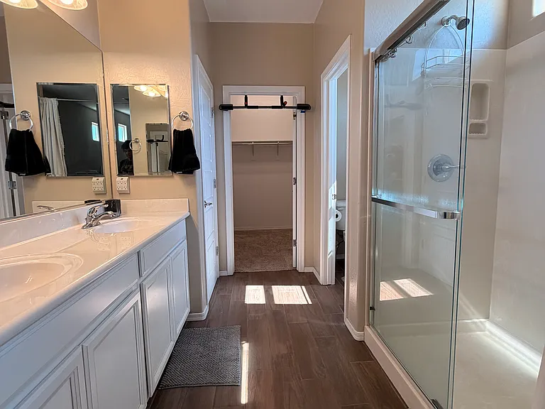 Primary bathroom with walk-in closet.