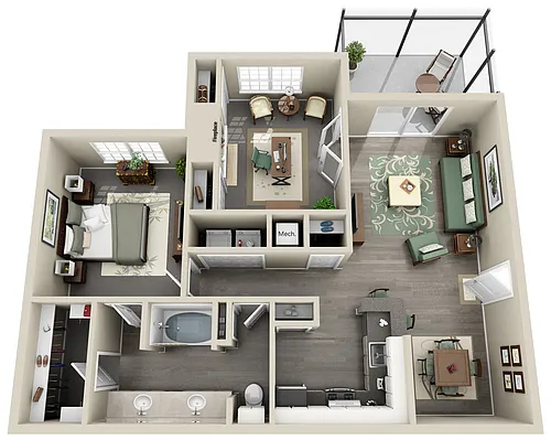Floor plan Deluxe 1 Bedroom 1 Bath Den Renovated
