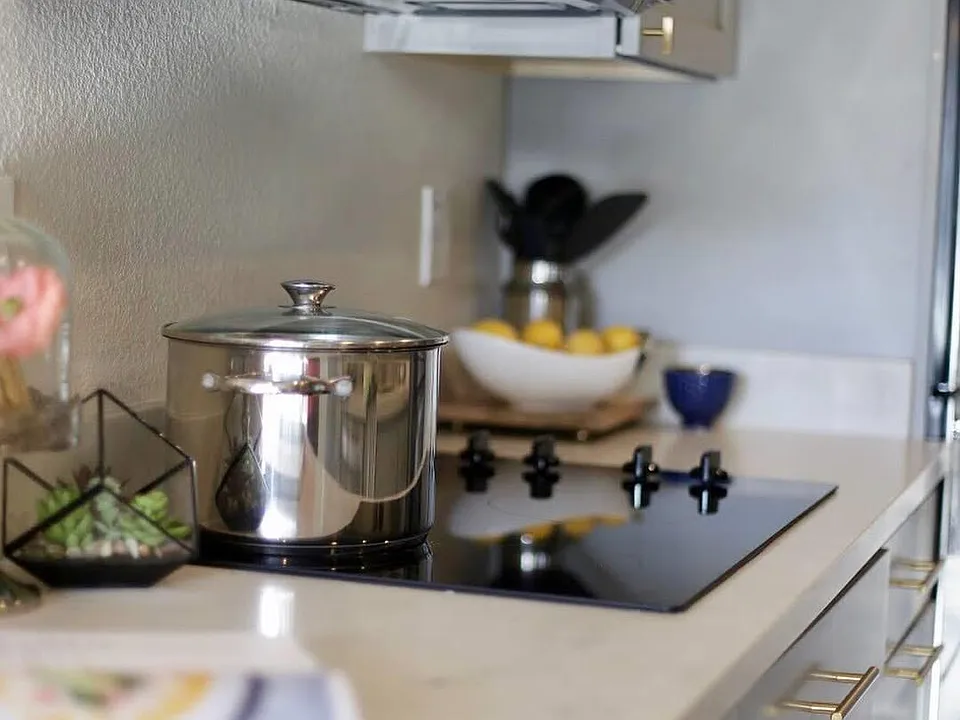 Easy-to-clean stovetop, lots of cabinets with deep drawers