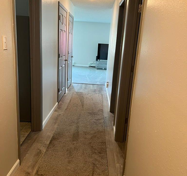 Bathroom and kitchen on the left of the hall and both bedrooms on the right.