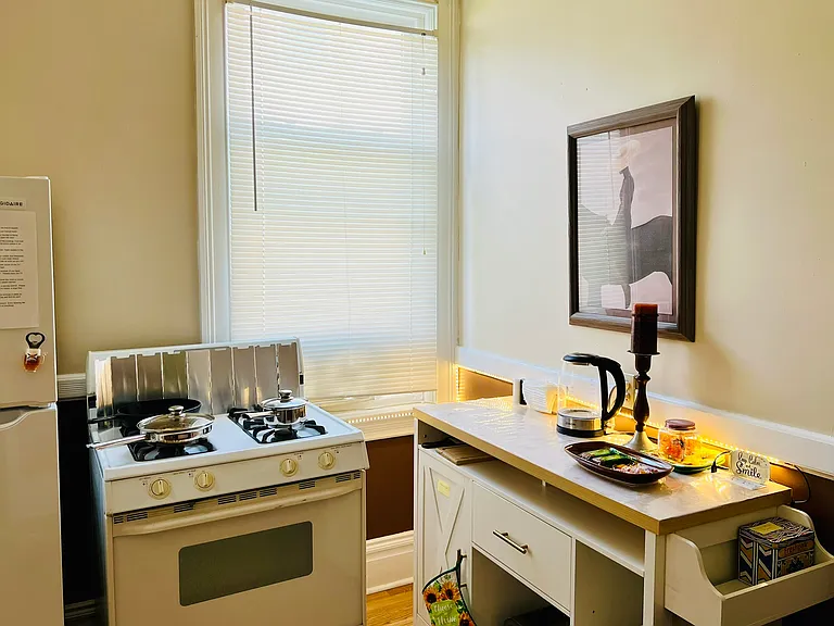 Kitchen island, gas stove and refrigerator