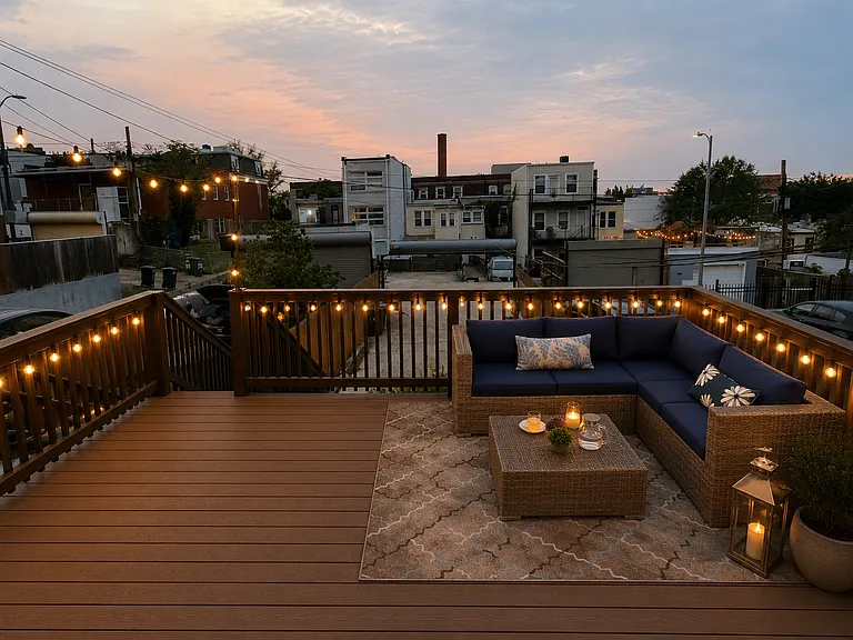 Back deck with new (May 2026) outdoor sofa