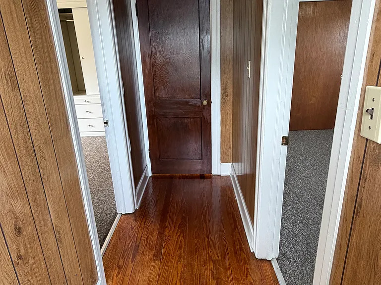 2nd floor hallway. Street front bedroom entrance door on right, rear bedroom door on left. Walk-in hallway closet door straight ahead.
