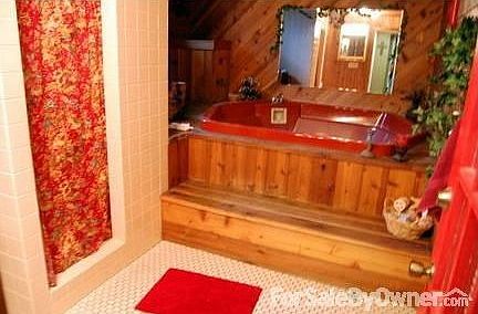 bathroom in basement
						:
						has shower, hot tub, vintage honeycomb floor tile all cedar paneled.