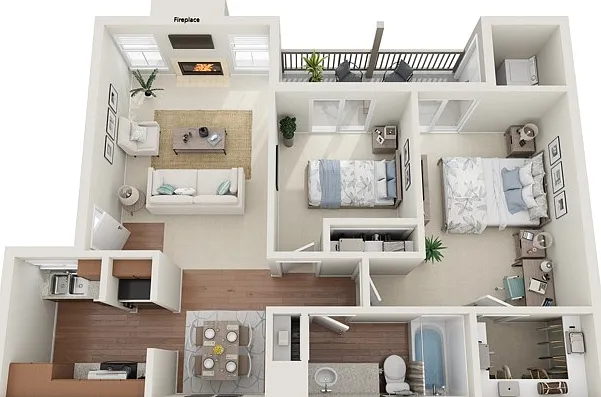 Two Bedrooms, One Bathroom, 872 sqft, Full-Size Washer/Dryer Connections, Fireplace, Plank Flooring in Selected Units, Patio/Balcony, Built-in Bookshelves Two Bedrooms, One Bathroom, 872 sqft, Full-Size Washer/Dryer Connections, Fireplace, Plank Flooring 