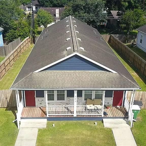 Aerial view of front of house.