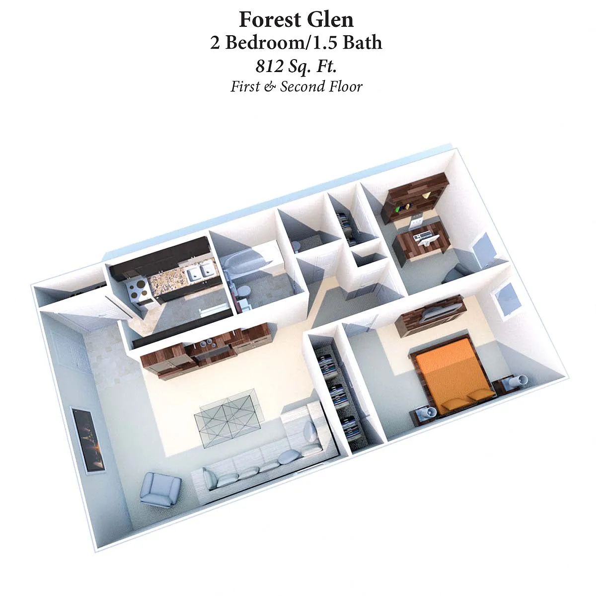 Floor plan 2B/1.5B Forest Glen 812 SqFt