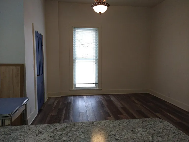 Looking out over the kitchen peninsula. Coat closet is the blue door on left.
