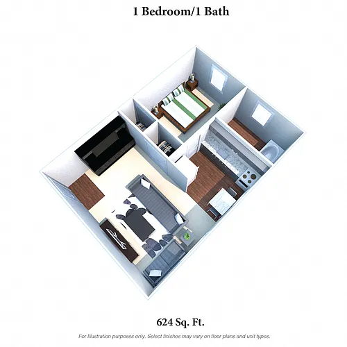 Floor plan 1 Bedroom 1 Bath 624Sqft