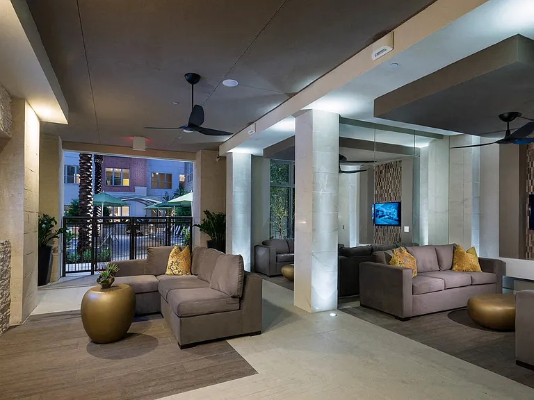 Outdoor resident and guest lobby with conversational seating