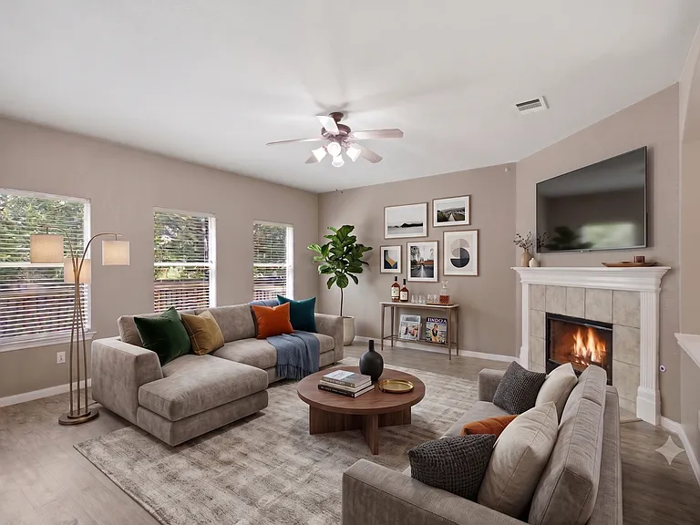 Open concept living room with gas fire place