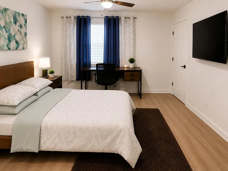Private furnished bedroom with full size bed, workspace, a private entrance, and full private bathroom.