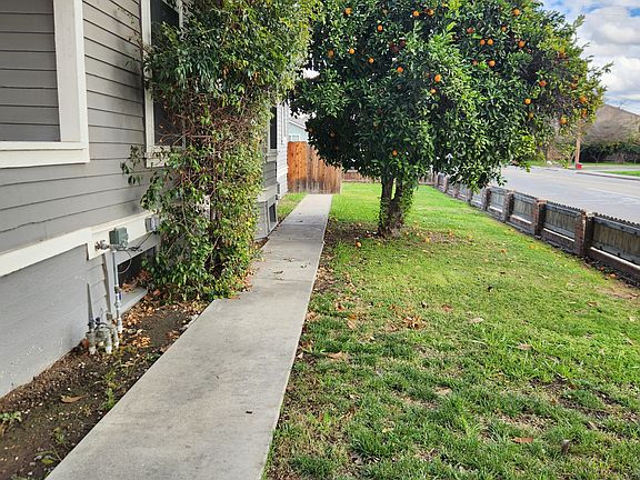 Fenced front side yard with orange tree. Pathway leads to backyard gate.