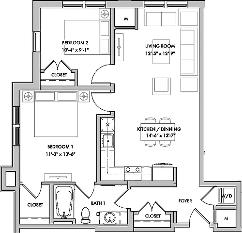 Floor plan Mansions 1 2 Bed/1 Bath-B2