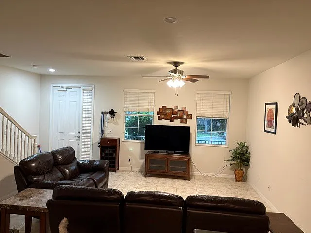 Downstairs living area view from kitchen