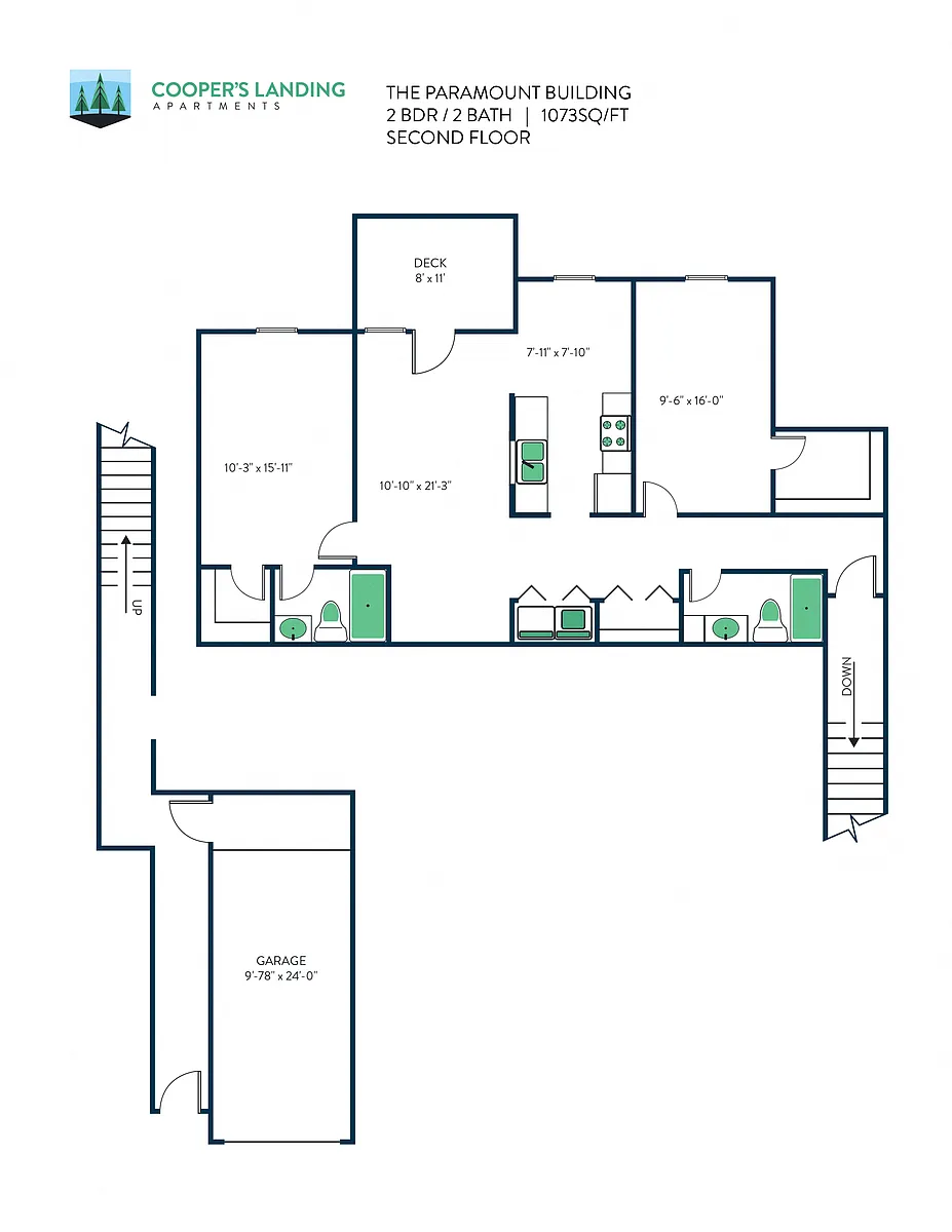 Floor plan 2 Bed, 2 Bath - 1073 sq ft