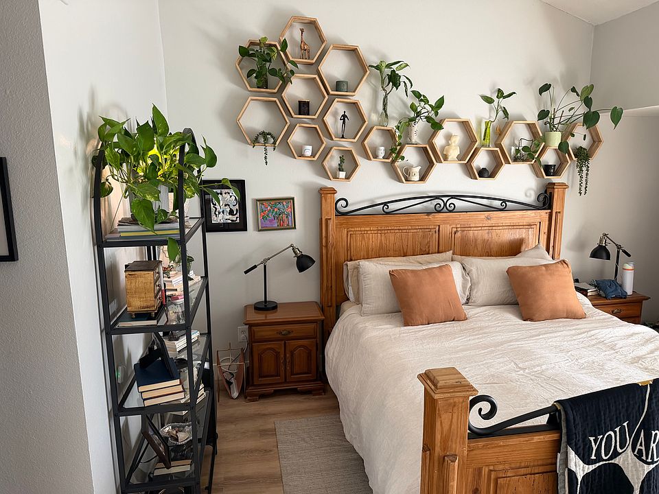 Main bedroom with California king bed, two solid wood nightstands, bookshelf, and two dressers.