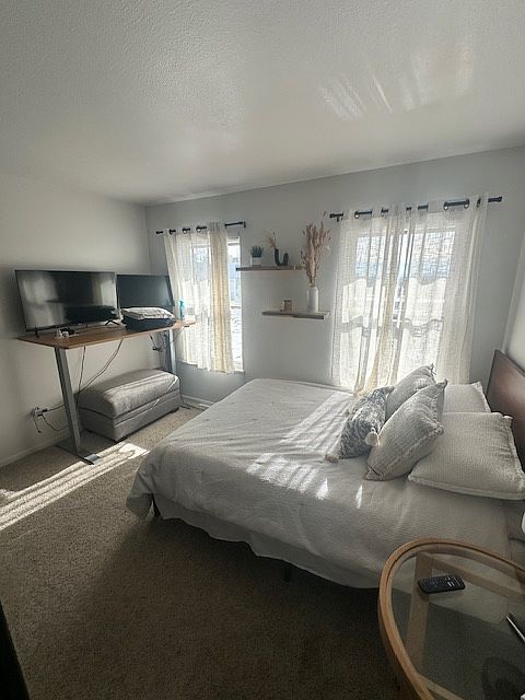 Guest (2nd) bedroom with Queen bed, TV, custom walk in closet, standing/sitting desk, computer monitor and 32inch smart (roku TV).