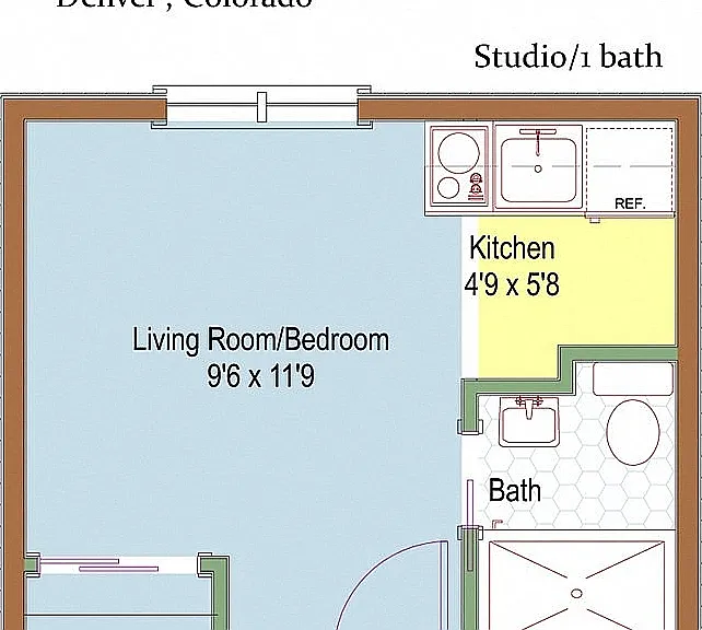 Charming studio apartment floor plan at 2535 E Asbury Avenue, Denver, Colorado, showcasing a cozy living room/bedroom, compact kitchen, and modern bath.