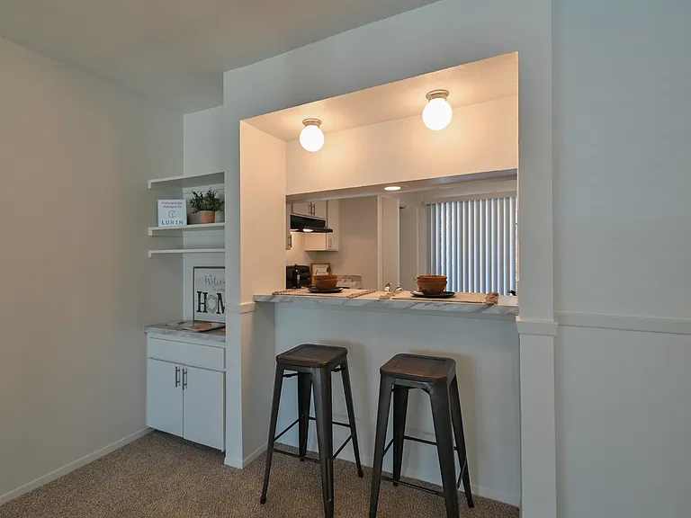 Built in storage and open bar area to kitchen