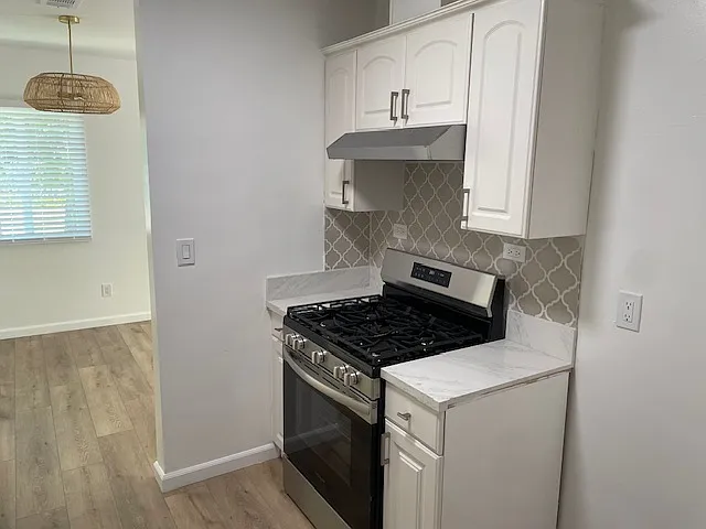 Stove area (fridge to the right of the stove).