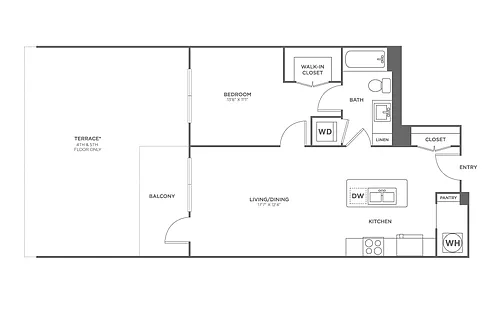 Floor plan One Bedroom One Bath (738 SF)