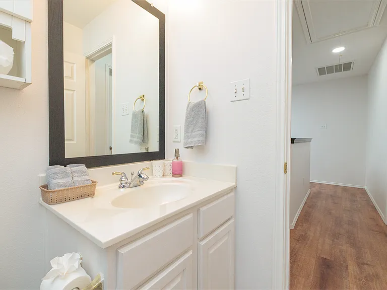 Bathroom #2 with bathtub/shower combo, vanity with sink and mirror.