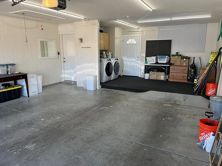 Extended double garage easily accommodates a full-sized pickup: F150, Crew Cab Tundra, etc.