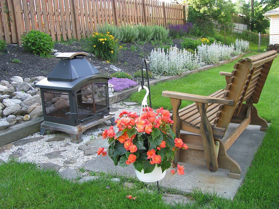 Landscaped private yard with firepit.