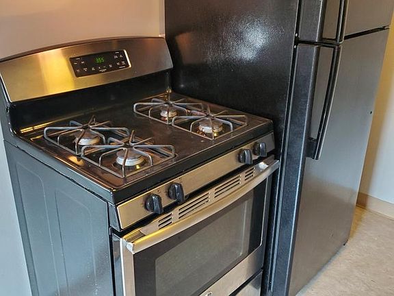 Gas stove, matching refrigerator and matching fan/hood. Behind the refrigerator, there is a pantry the same height.