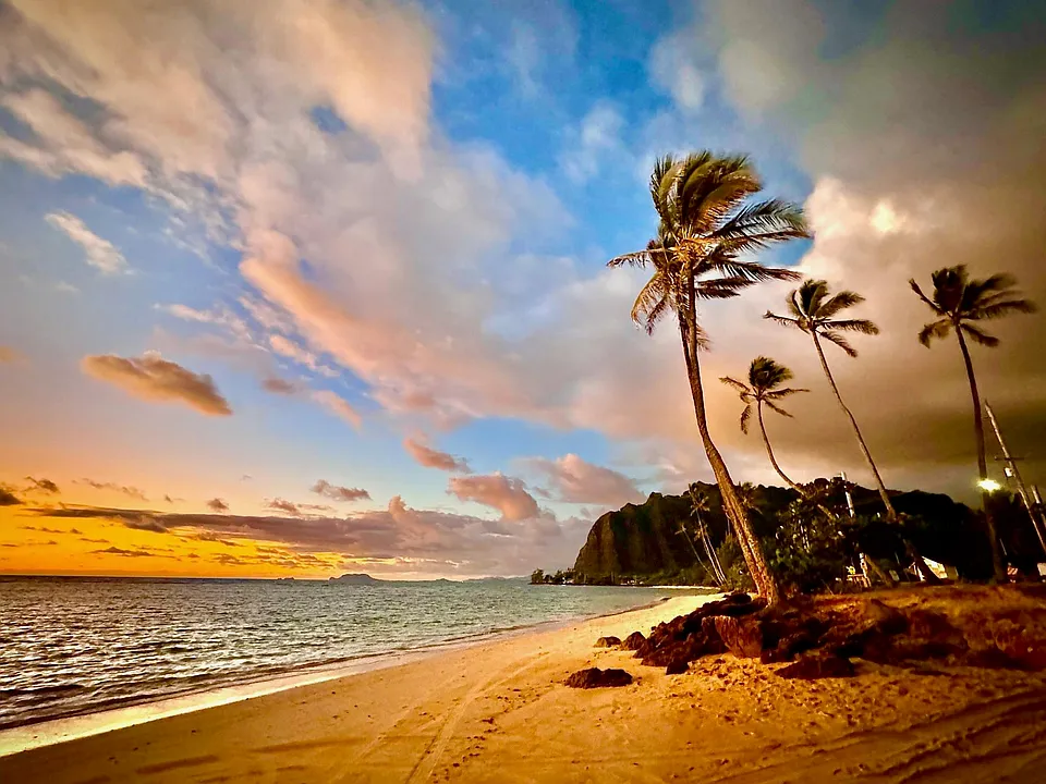 Watercolor skies with golden sand
