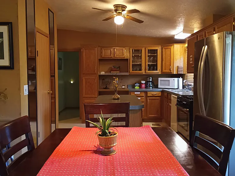 Microwave, Keurig and kcups, 12 cup coffee maker, coffee, black and green tea, 2 slice XL toaster, sugar, olive oil, salt and pepper, creamer