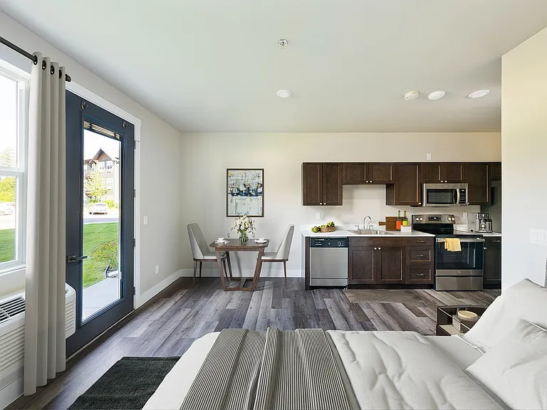 Studio floor plan - bedroom, kitchen, and dining space