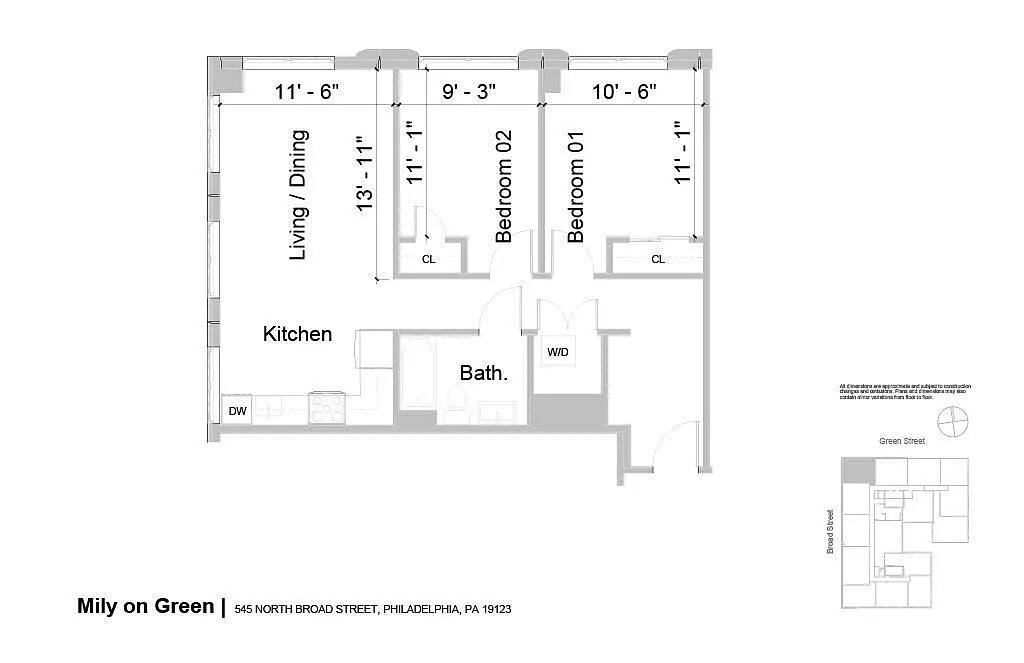 Floor plan 2B1B 876sf