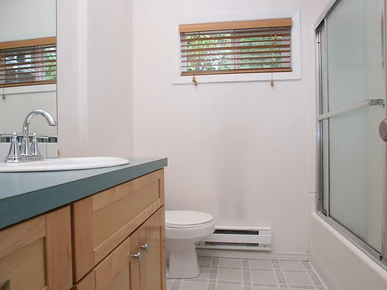 bathroom with vanity, window and glass shower door