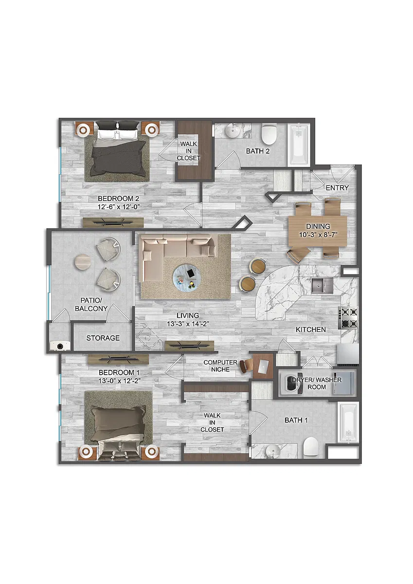 Floor plan Genoa - Two Bedrooms/Two Bath 1138 Sq Ft
