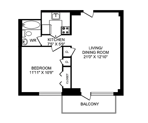 Floor plan 1 Bedroom 1 Bed 1 Bath 2