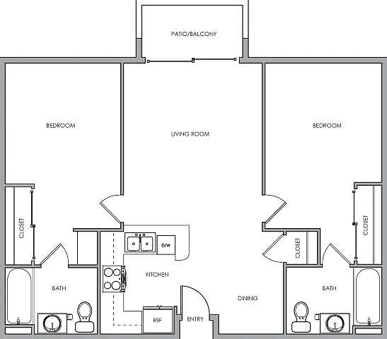 2D two-bedroom, two-bathroom floor plan 2D two-bedroom, two-bathroom floor plan