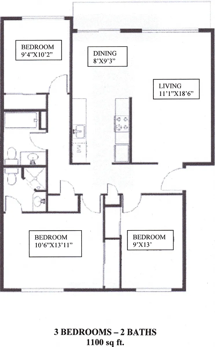 Floor plan 3 Bedroom, 2 Bath large