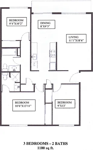 Floor plan 3 Bedroom, 2 Bath large