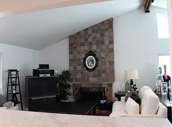 Great room with Slate Fireplace